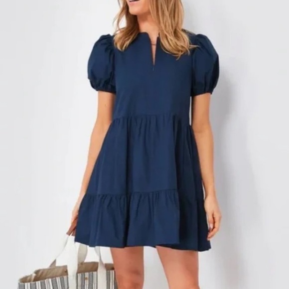 Hyacinth House Dresses & Skirts - Hyacinth House Navy Ellie Zipper Front Puff Sleeve Tiered Mini Dress Size Small